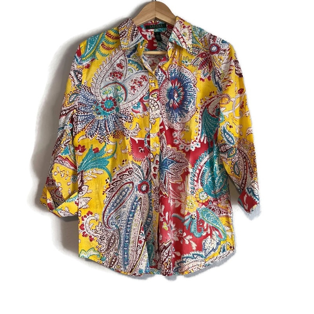 Ralph Lauren brightly patterned yellow blouse size Large